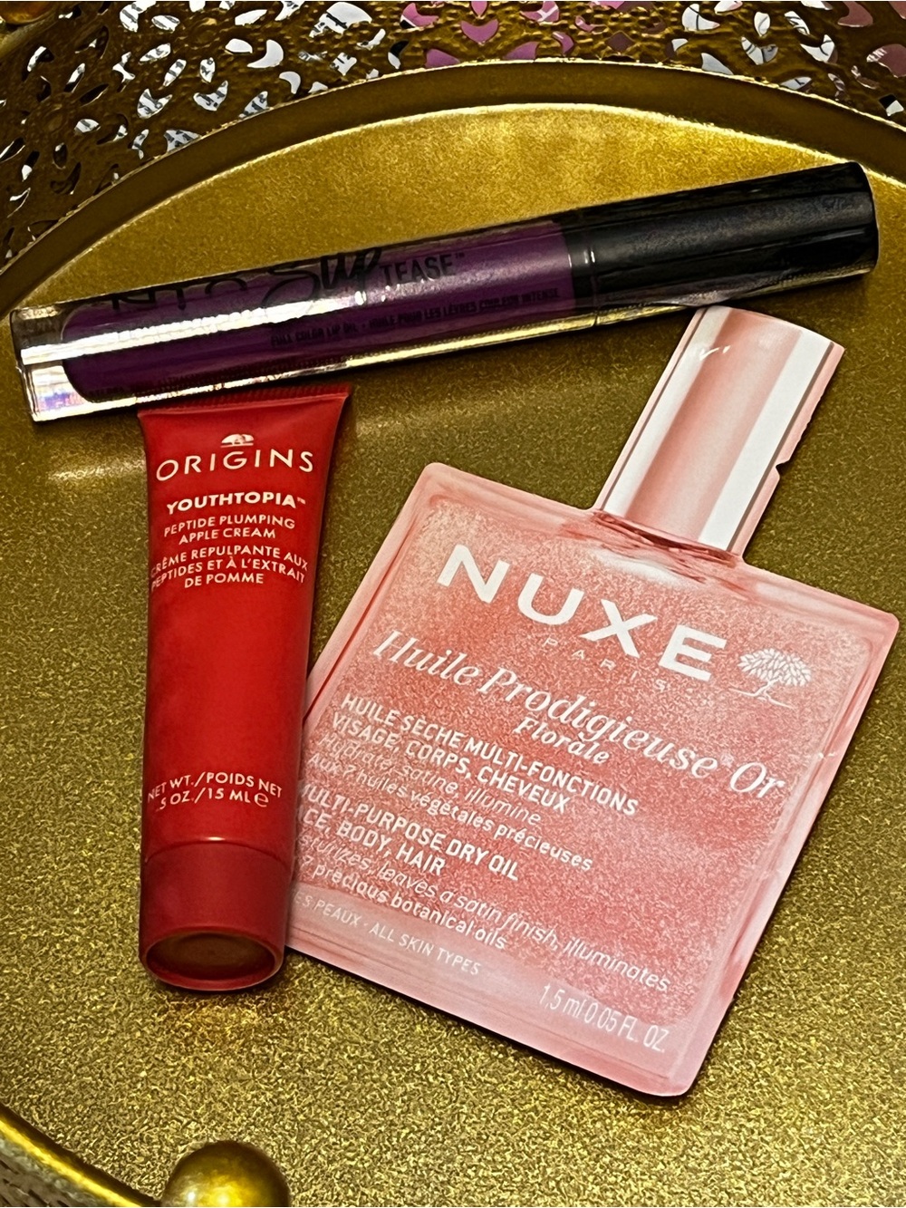 Set of 3 pcs: NYX Slip Tease Full Color Lip Oil & NUXE Dry Oil + ORIGINS Cream